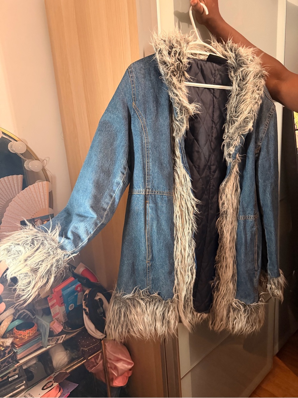 Faux Fur-Trim Denim Coat - Blue